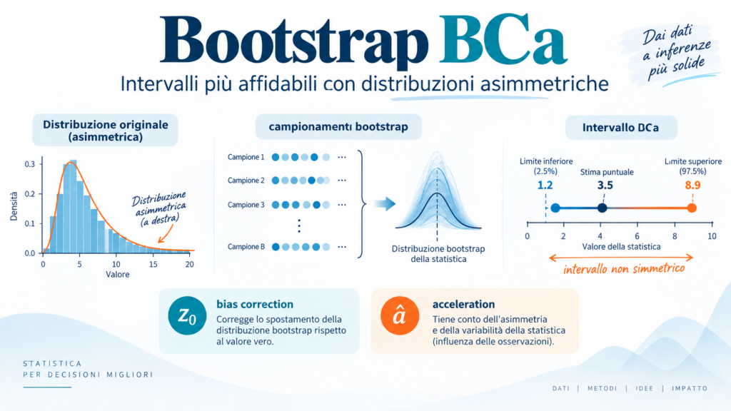 Infografica sul bootstrap BCa per intervalli di confidenza affidabili con distribuzioni asimmetriche