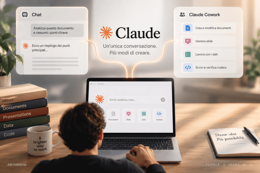Illustrazione di Claude con chat e Cowork riuniti in un’unica interfaccia per documenti, slide, dati e codice.