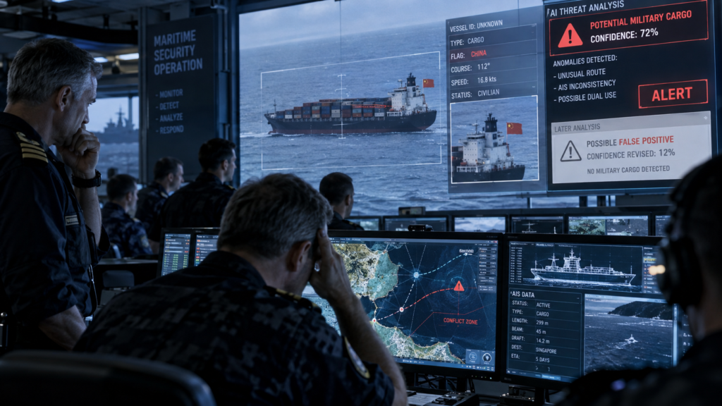 Sala di controllo navale analizza con un sistema di intelligenza artificiale una nave cargo cinese segnalata erroneamente come possibile minaccia militare.